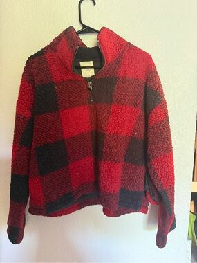 Red & Black Buffalo Plaid Sherpa Half-Zip Jacket